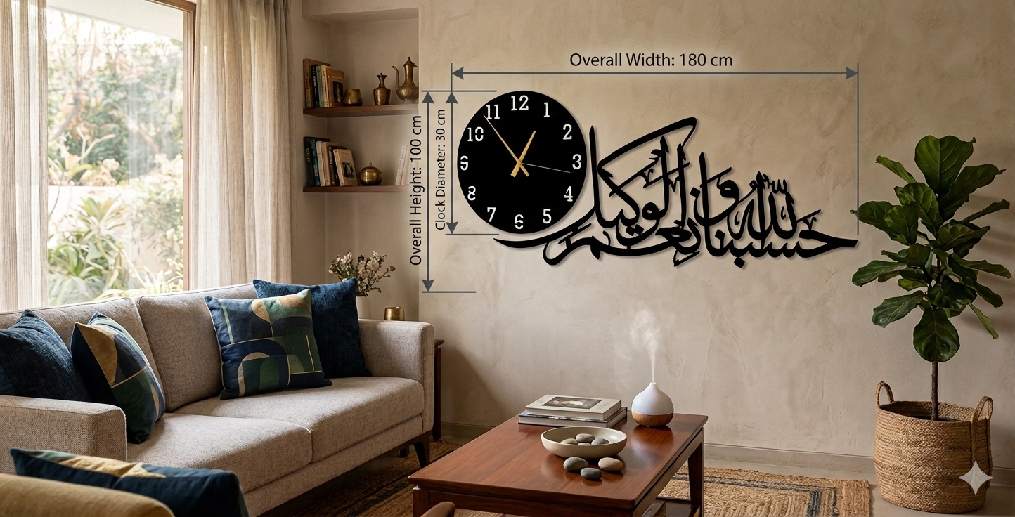 Premium Islamic Calligraphy Wall Clock – Hasbunallahu Wa Ni'mal Wakeel Metal Wall Art