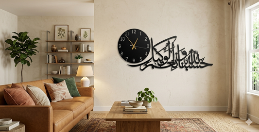 Premium Islamic Calligraphy Wall Clock – Hasbunallahu Wa Ni'mal Wakeel Metal Wall Art